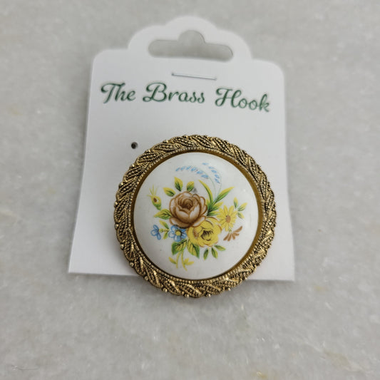 Vintage Floral Porcelain Brooch - Gold Tone Frame