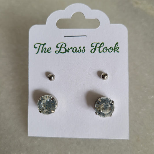 2 Pair Silver-Tone Ball & Clear Crystal Stud Earring Set