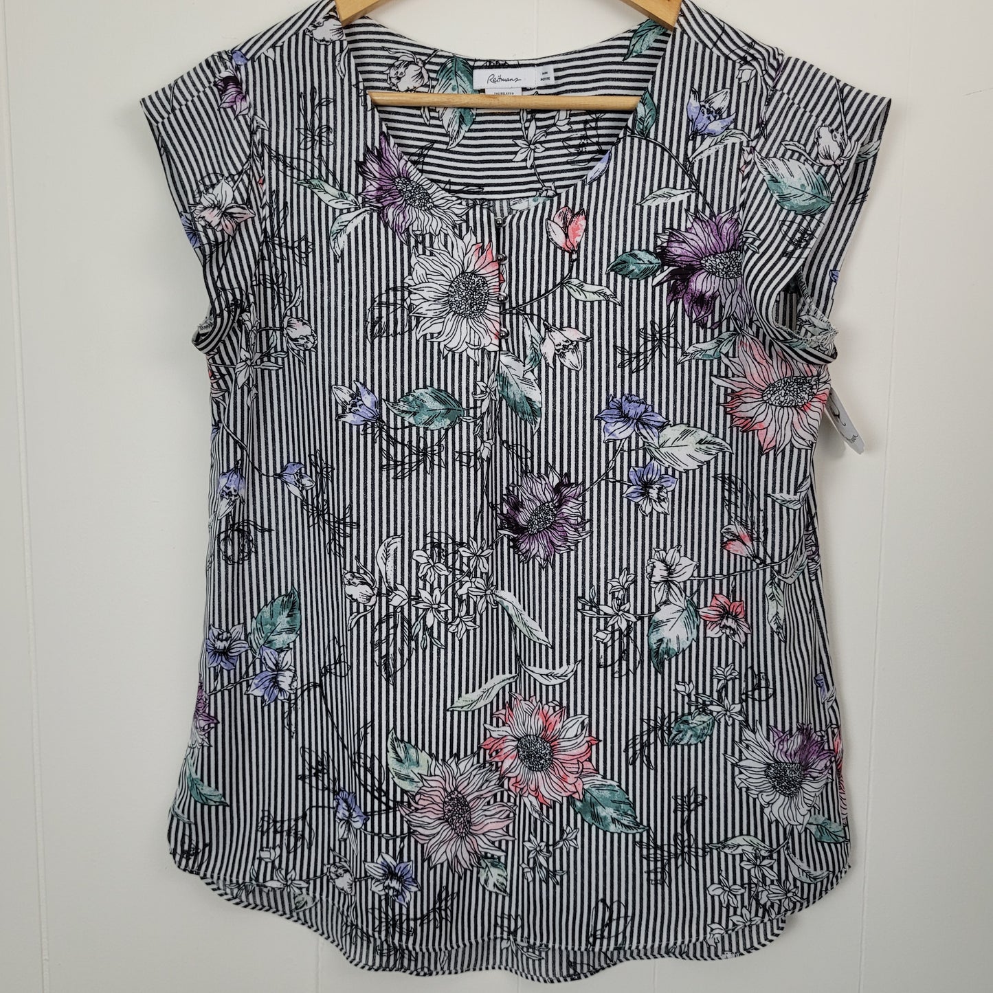 Black & White Floral Stripe Blouse - Reitmans (Medium Petite)