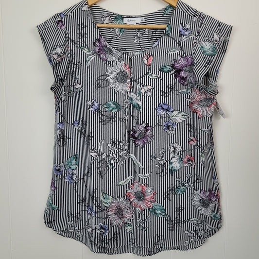 Black & White Floral Stripe Blouse - Reitmans (Medium Petite)