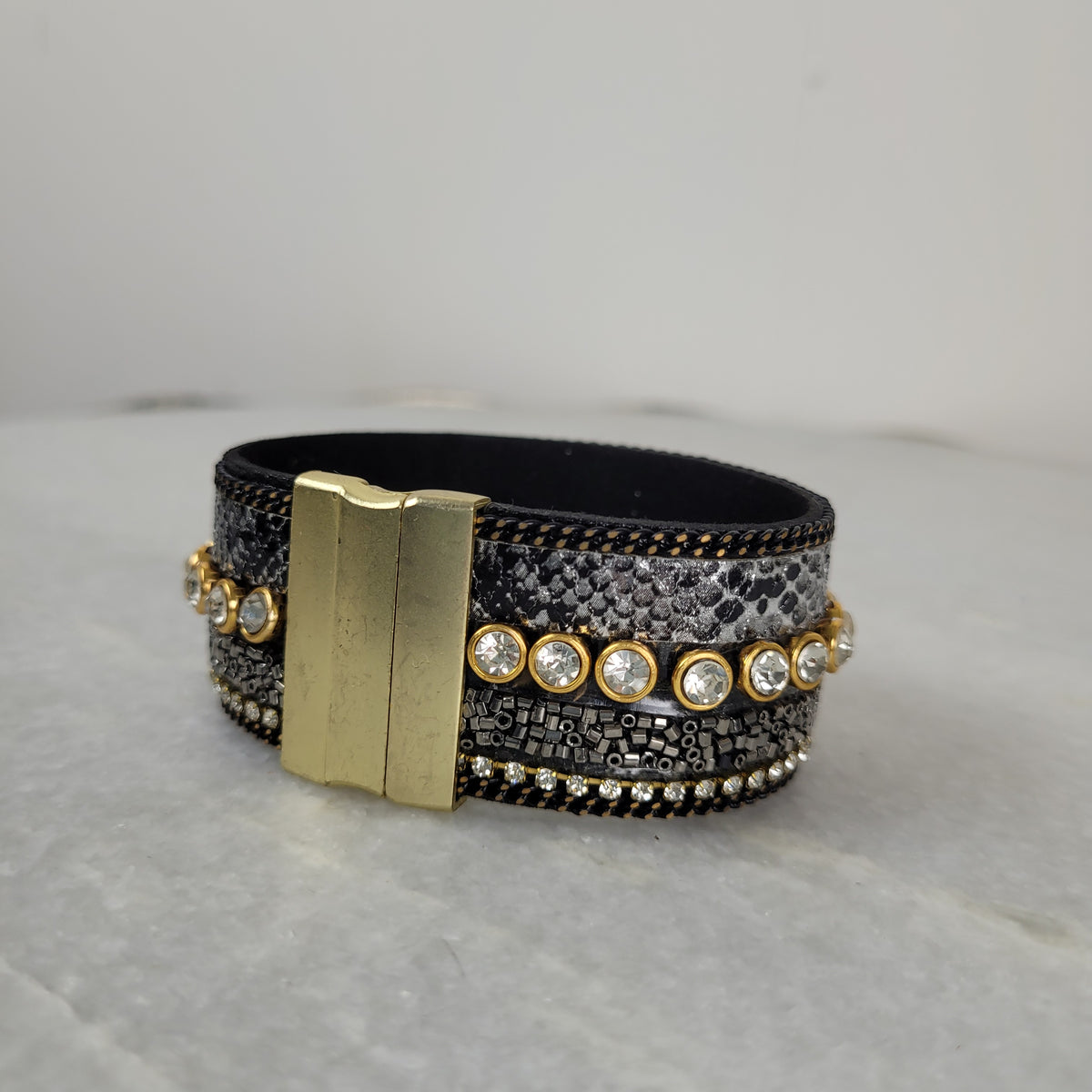 Black Snake Print Crystal Magnetic Cuff Bracelet