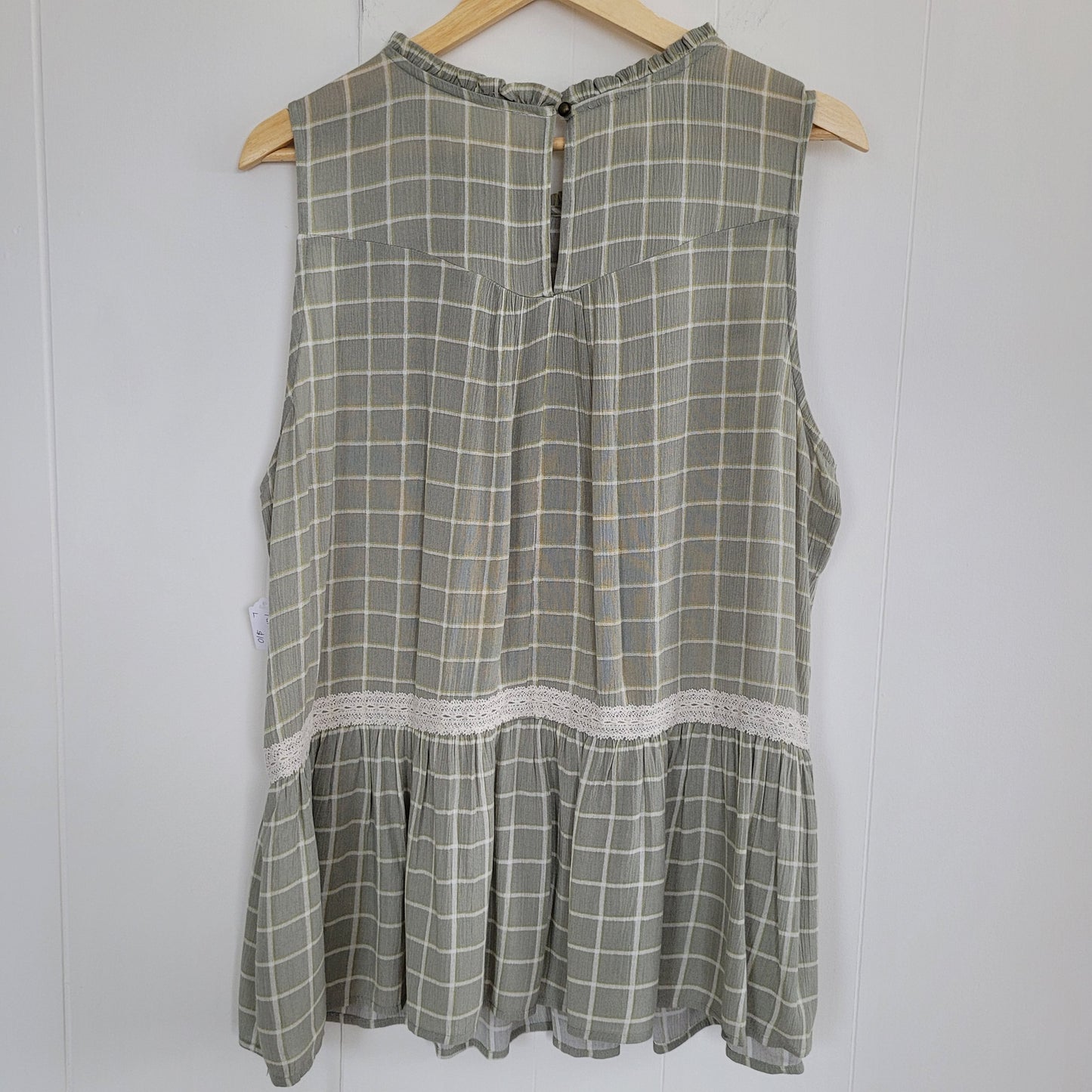 Sage Plaid Lace Trim Peplum Top - Maurices (Size Large)