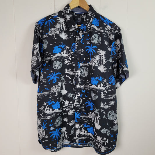Black Tropical Print Button-Up Shirt - Urbaine (Men's Large)