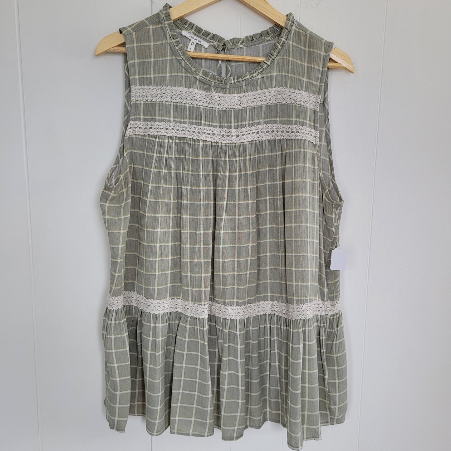 Sage Plaid Lace Trim Peplum Top - Maurices (Size Large)