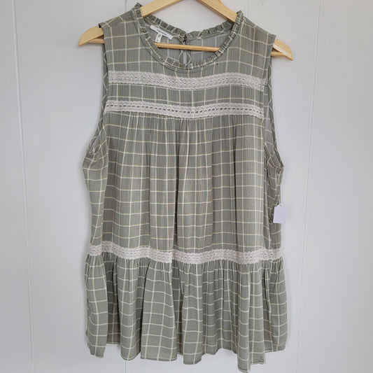 Sage Plaid Lace Trim Peplum Top - Maurices (Size Large)