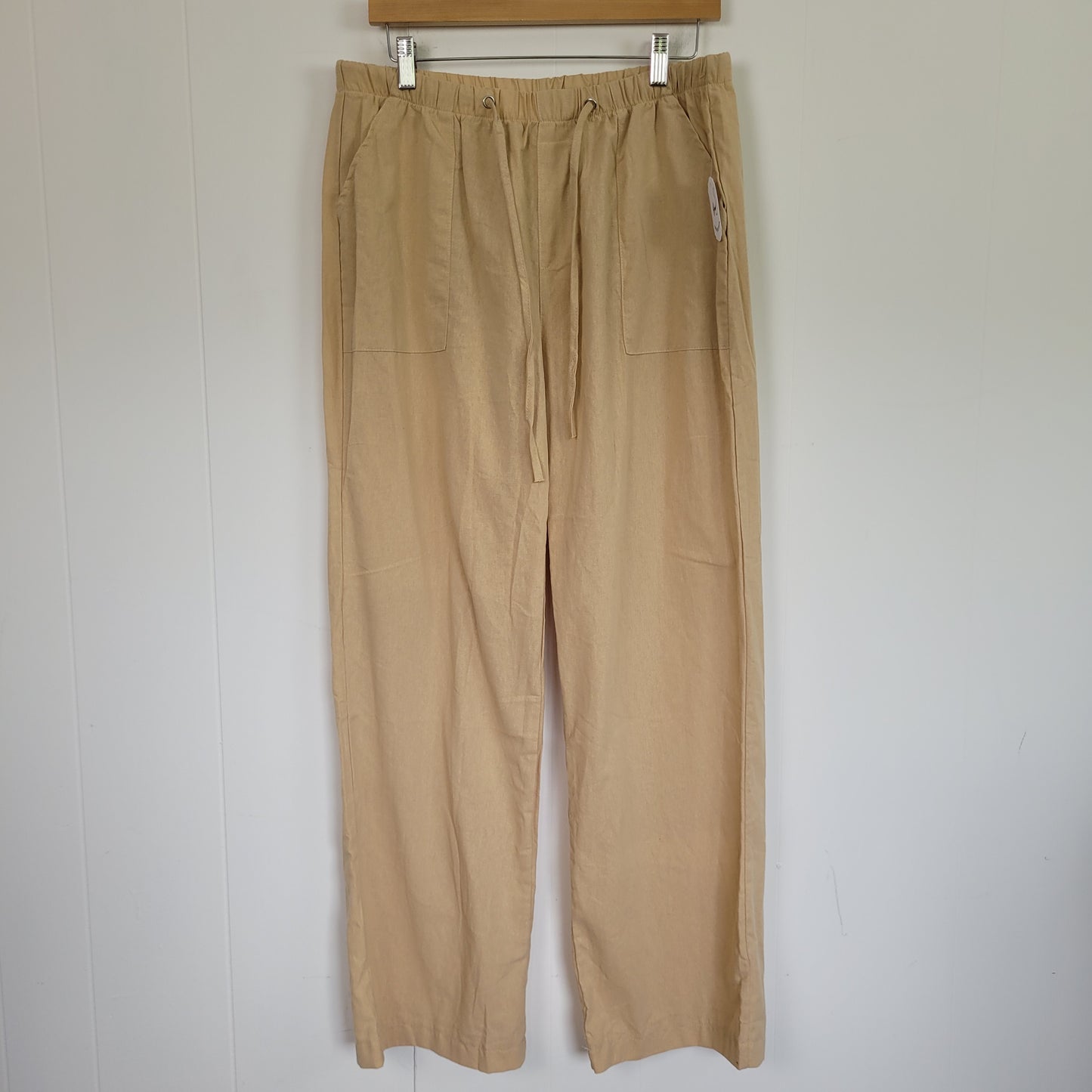 Beige Linen Look Wide Leg Drawstring Pants with Pockets - Large