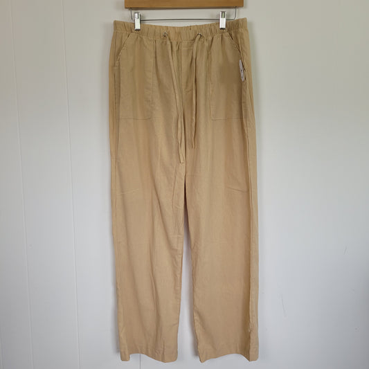 Beige Linen Look Wide Leg Drawstring Pants with Pockets - Large
