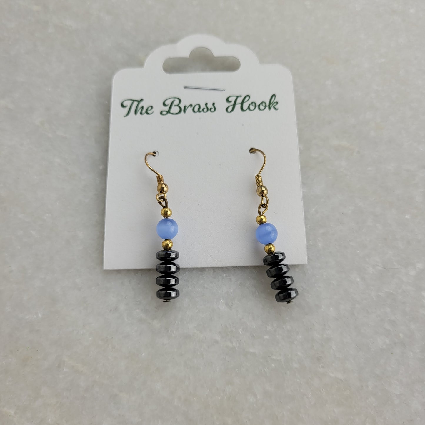 Blue Cat's Eye & Hematite Beaded Dangle Earrings