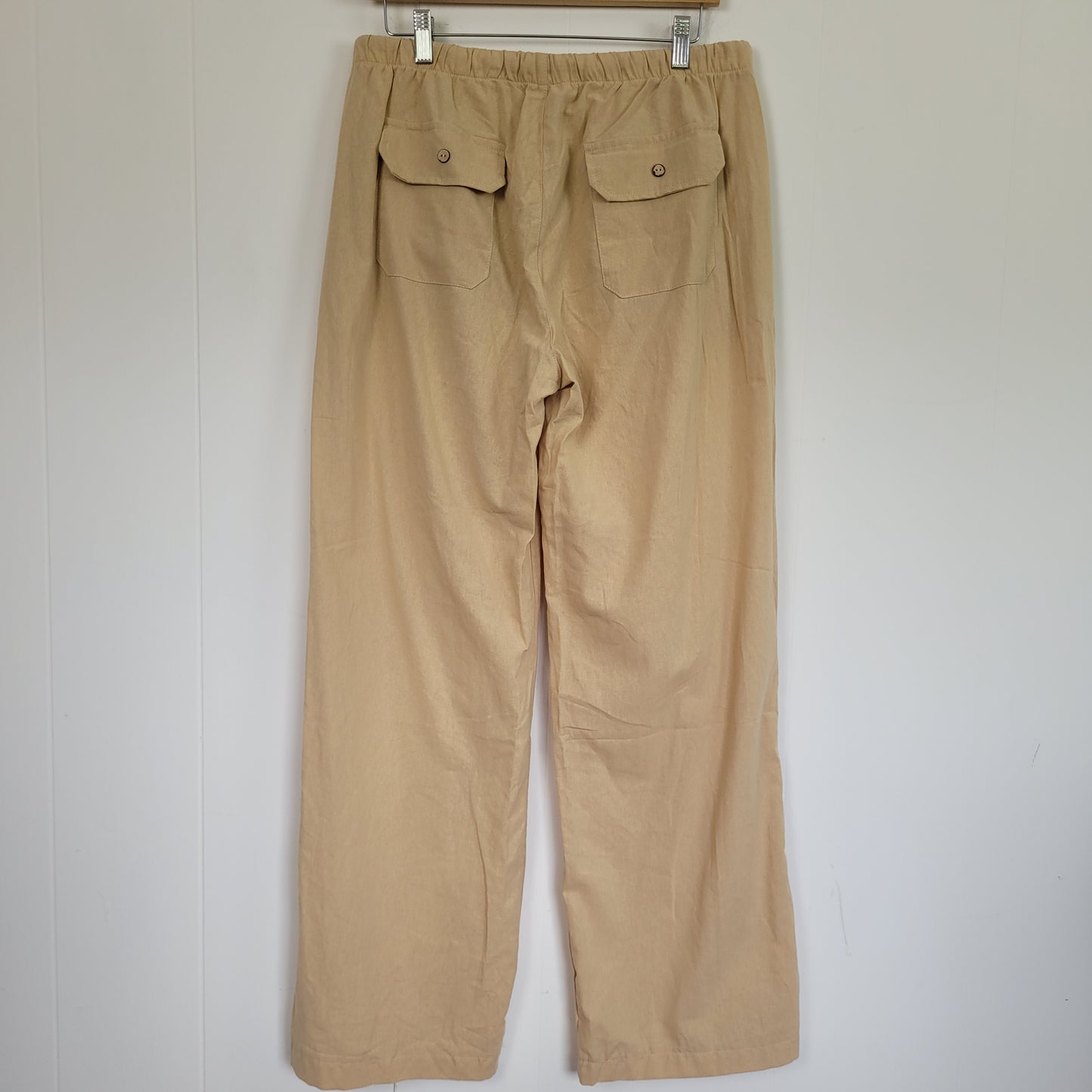 Beige Linen Look Wide Leg Drawstring Pants with Pockets - Large