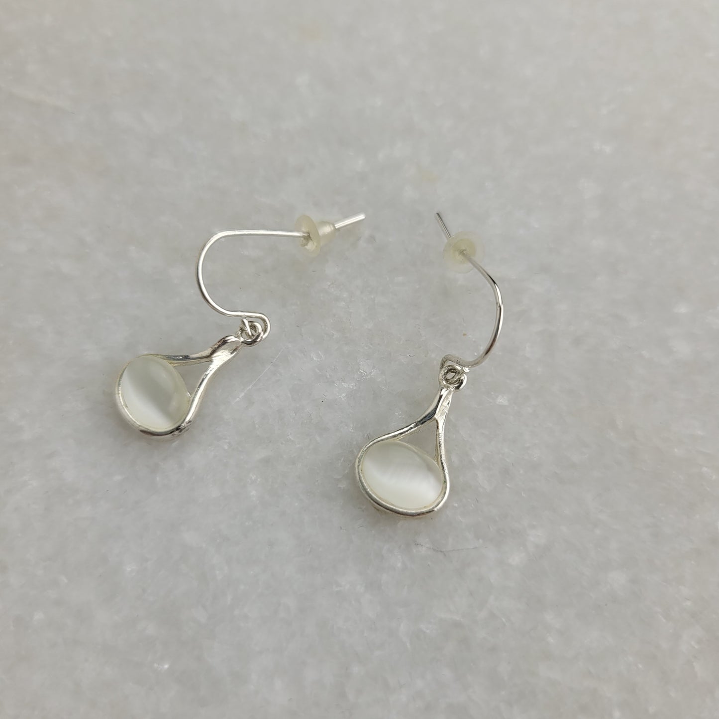 Silver-Tone White Cat's Eye Teardrop Dangle Earrings