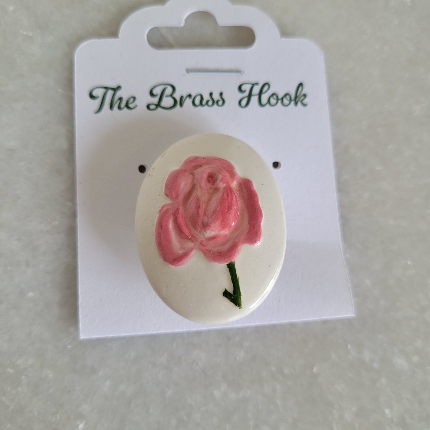 Hand-Painted Pink Rose Oval Brooch