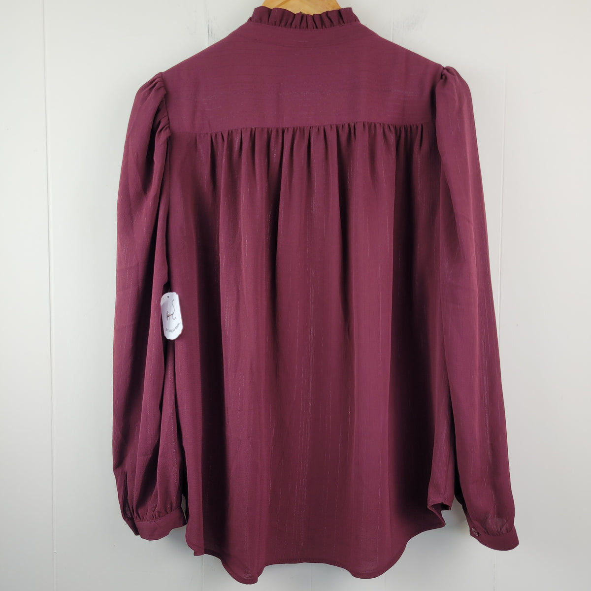 Burgundy Ruffle Neck Button-Front Blouse - DKNY (Size L)