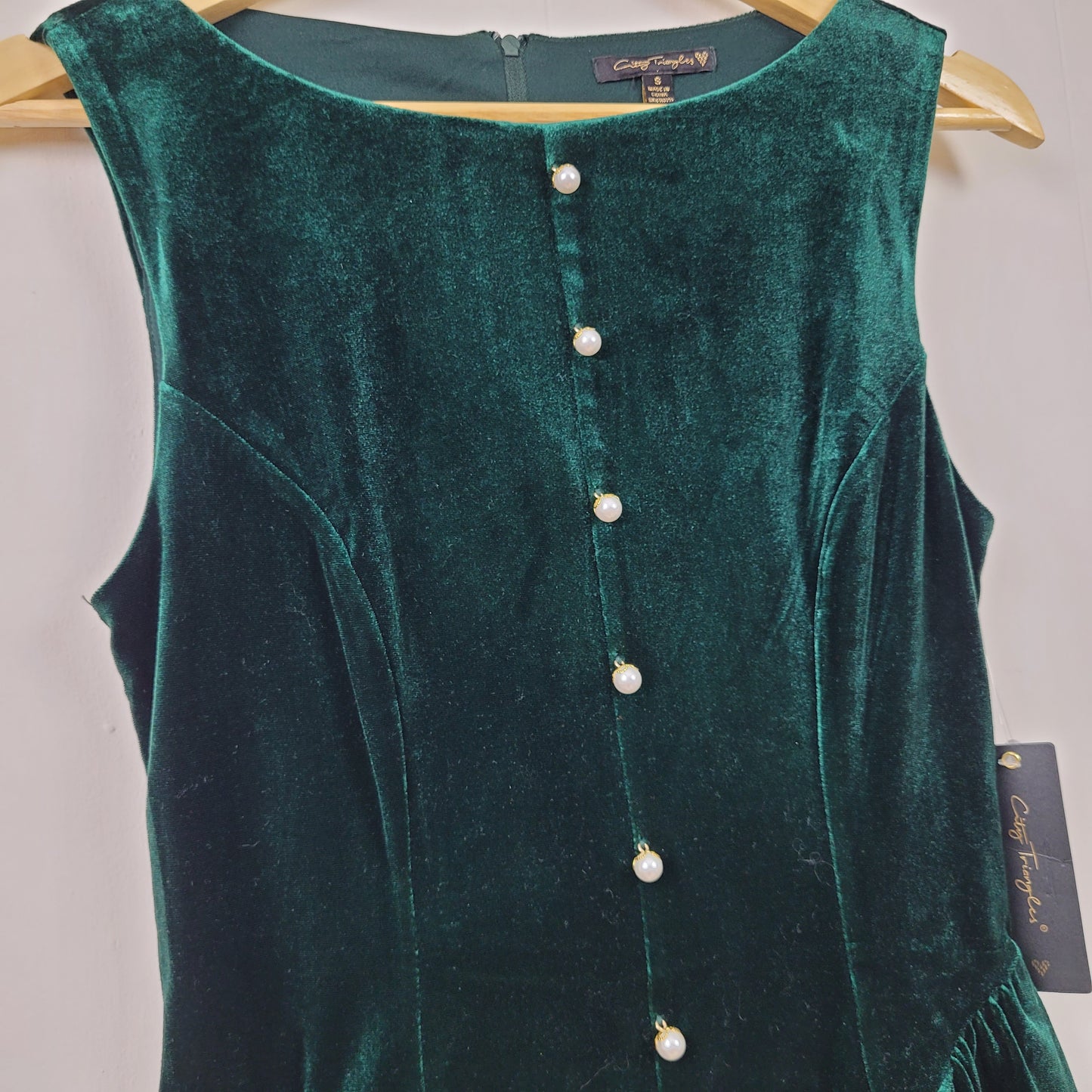 Green Velvet Pearl Button Fit & Flare Dress - City Triangles (Small)