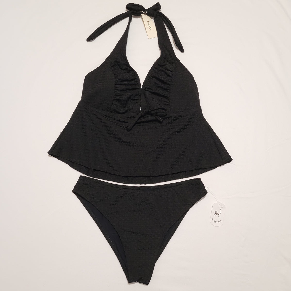 Black Textured Halter Tankini Set - Finesatile (M)