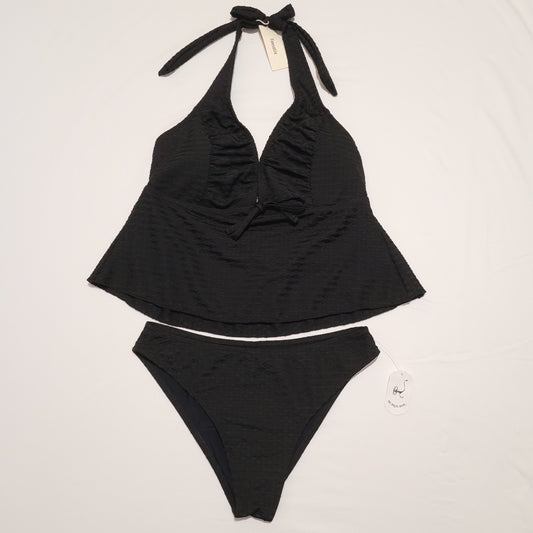Black Textured Halter Tankini Set - Finesatile (M)