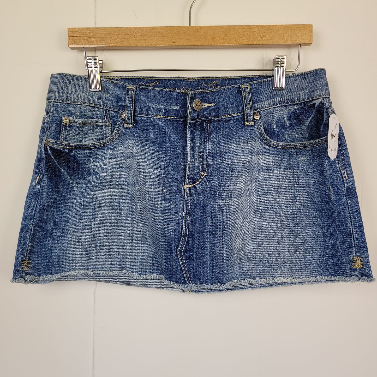 Light Wash Distressed Denim Mini Skirt - Campus Crew (Size 8)
