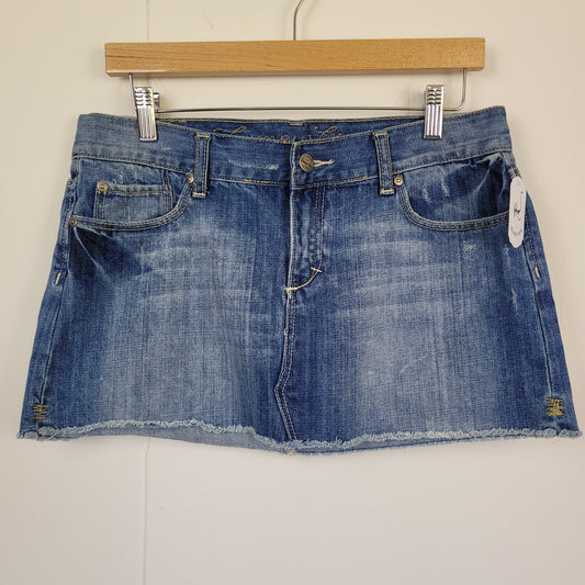 Light Wash Distressed Denim Mini Skirt - Campus Crew (Size 8)