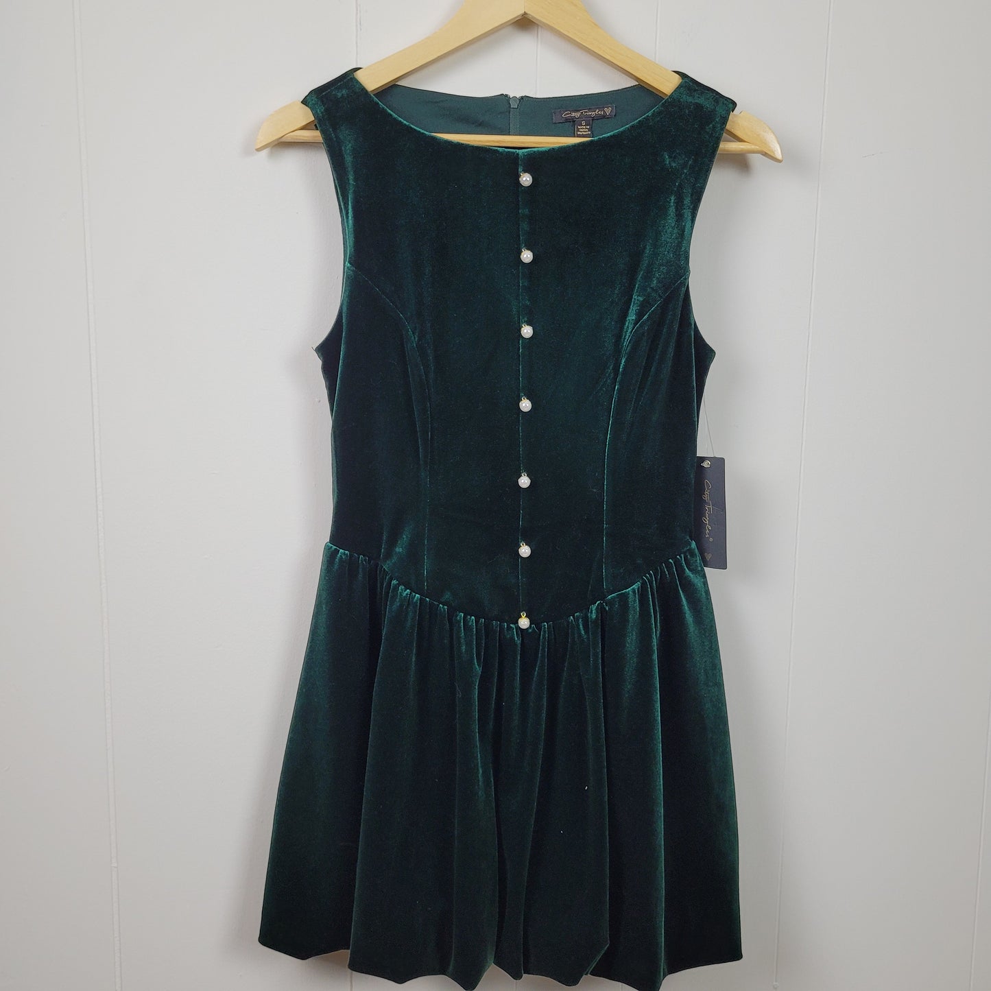 Green Velvet Pearl Button Fit & Flare Dress - City Triangles (Small)