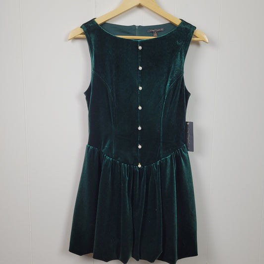 Green Velvet Pearl Button Fit & Flare Dress - City Triangles (Small)