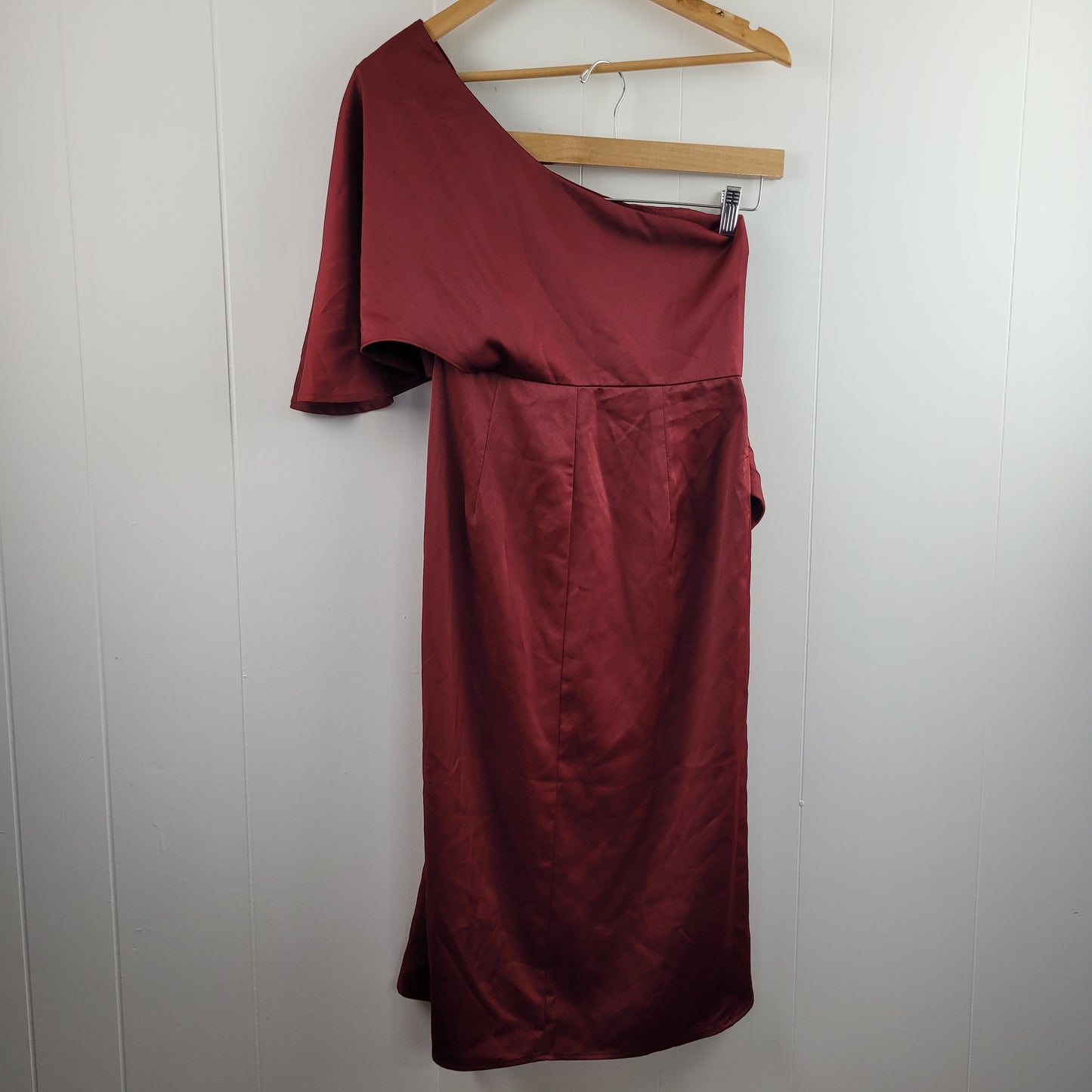 Burgundy One Shoulder Satin Midi Dress - CUPSHE (Medium)