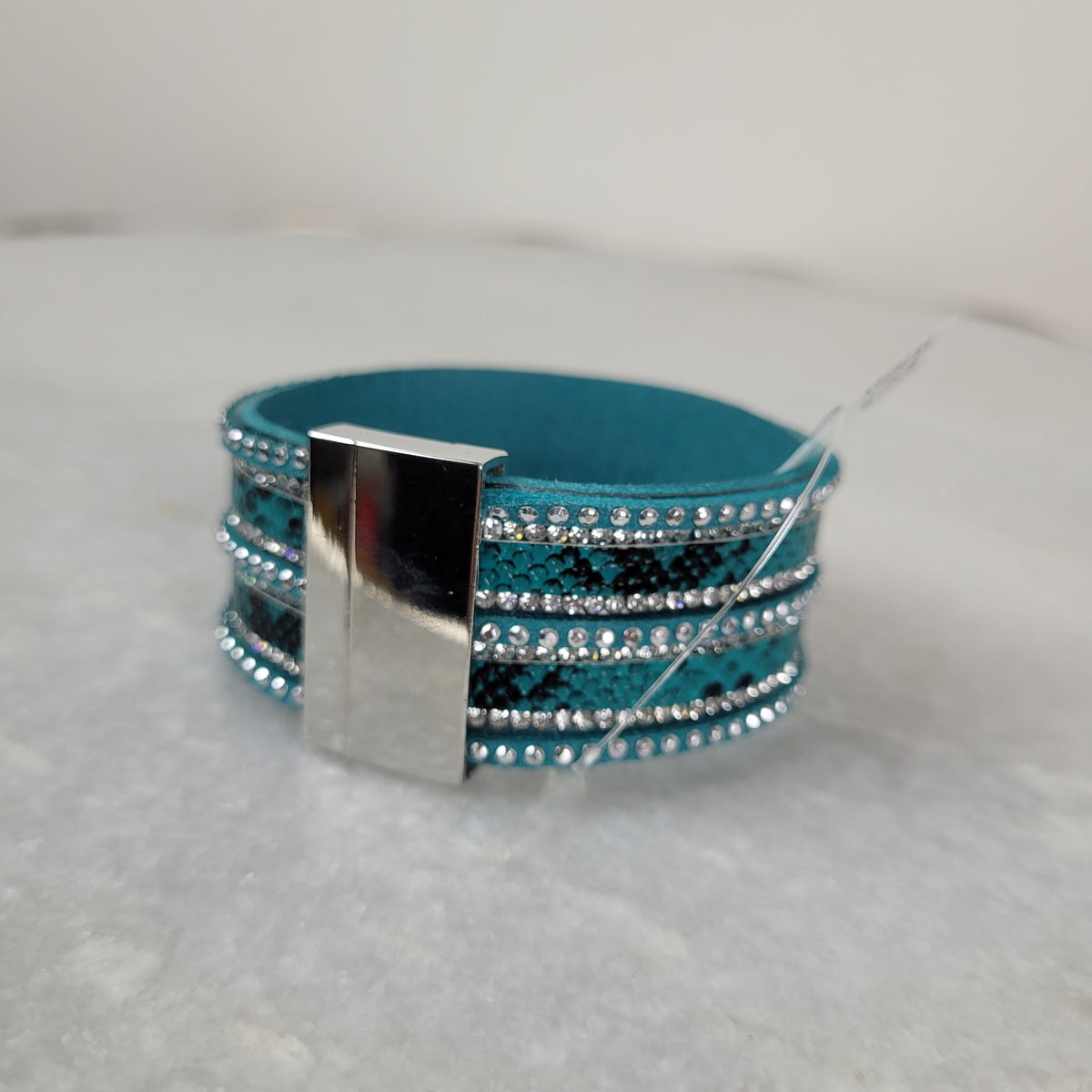 Teal Snake Print Crystal Magnetic Cuff Bracelet