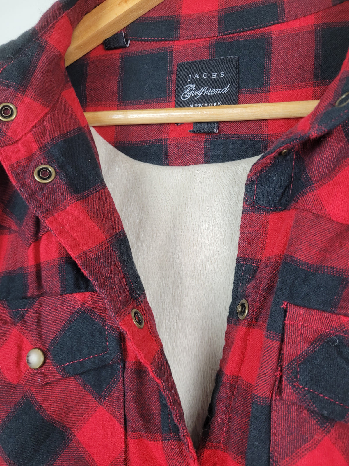 JACHS Girlfriend Small Red & Black Buffalo Plaid Sherpa-Lined Flannel Jacket