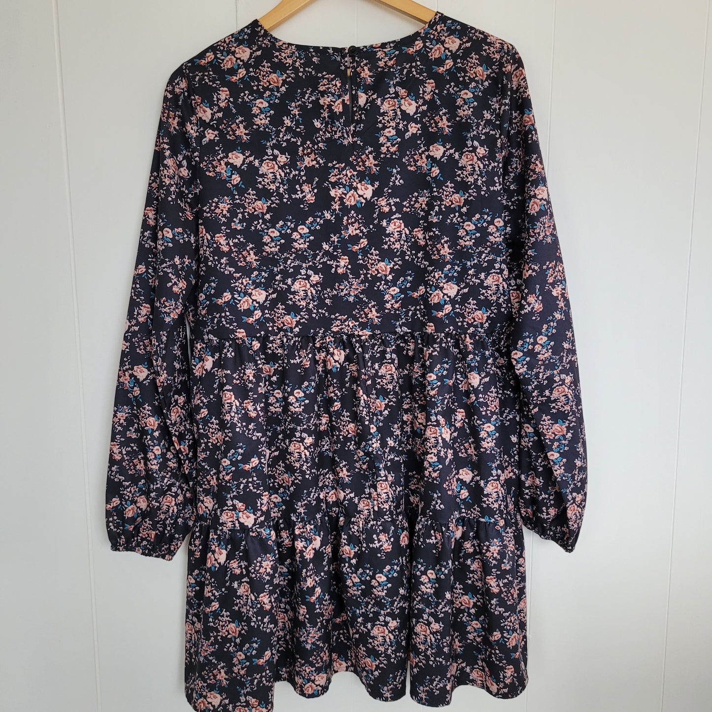 Floral Babydoll Dress - Black Long Sleeve Mini Dress - Size L