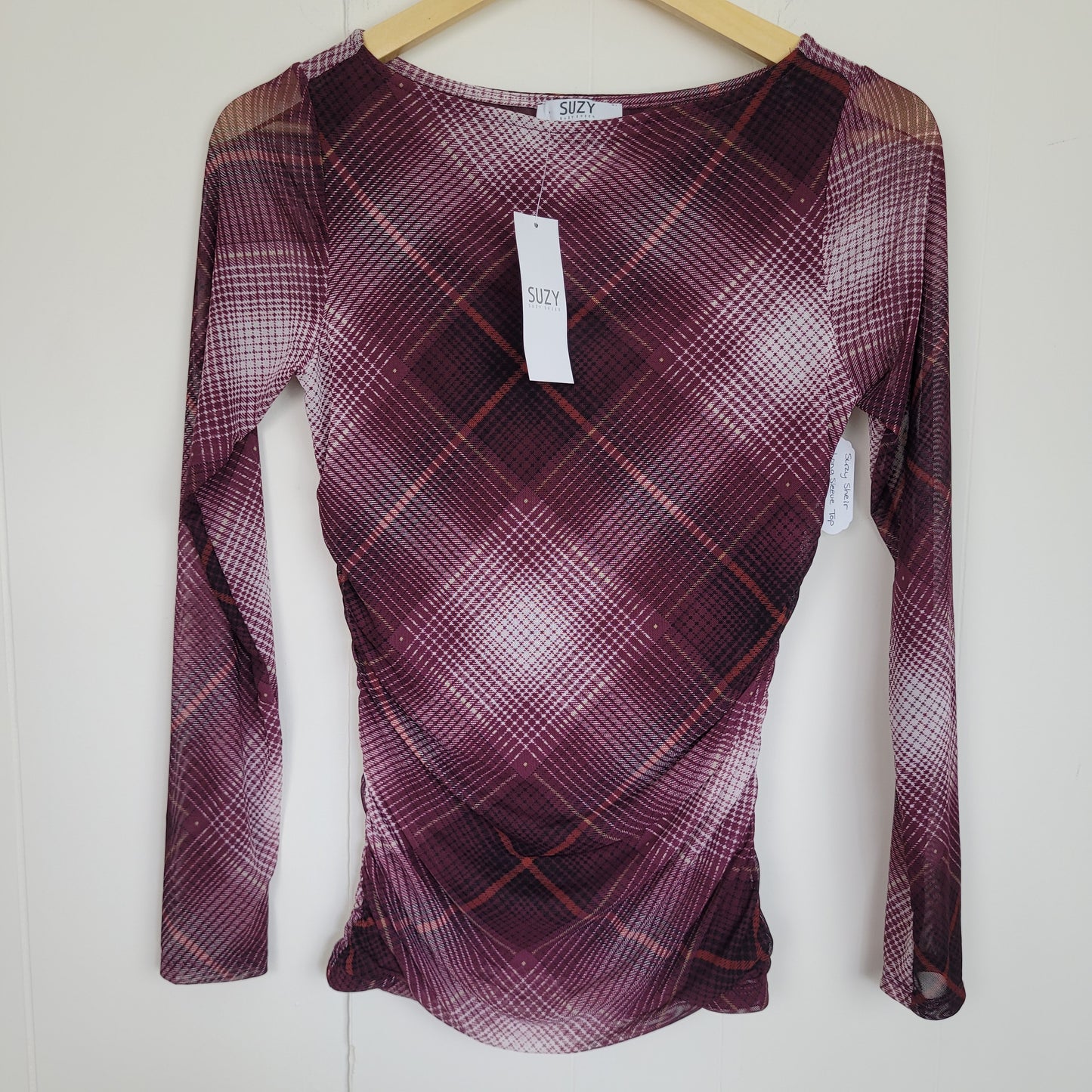 Plaid Mesh Ruched Long Sleeve Top - Suzy Shier (XS)