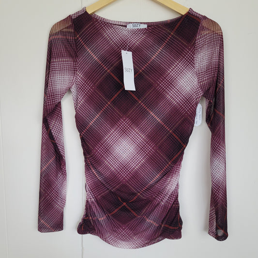 Plaid Mesh Ruched Long Sleeve Top - Suzy Shier (XS)