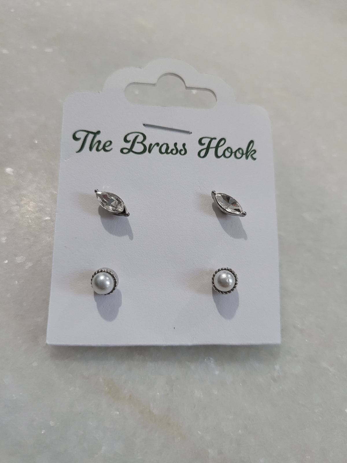 2-Pair Silver Tone Crystal & Faux Pearl Stud Earrings