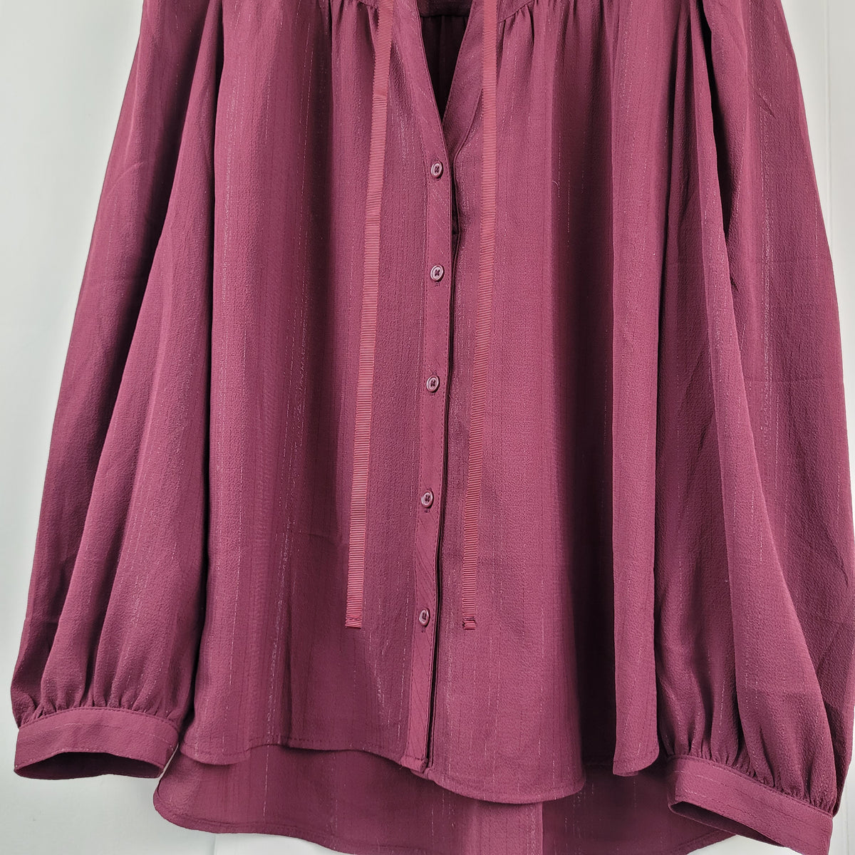 Burgundy Ruffle Neck Button-Front Blouse - DKNY (Size L)