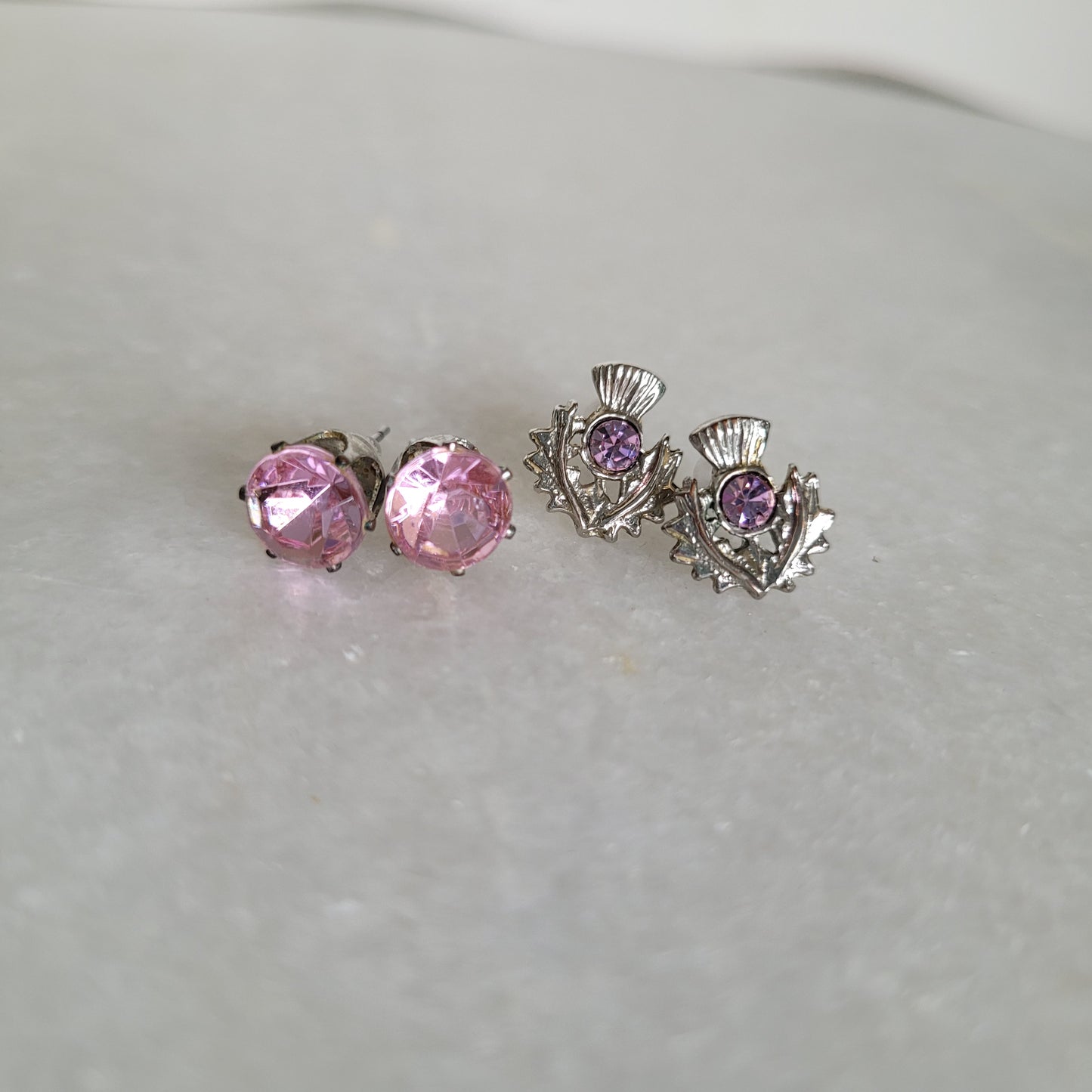 2 Pair Pink Crystal & Scottish Thistle Stud Earring Set