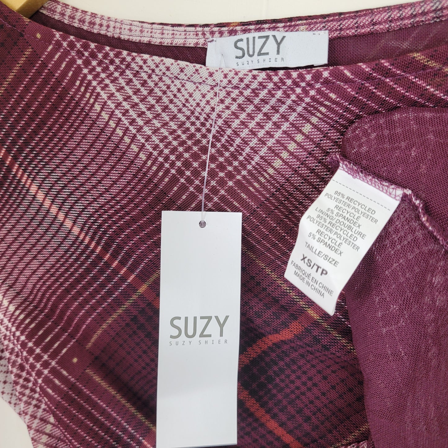 Plaid Mesh Ruched Long Sleeve Top - Suzy Shier (XS)