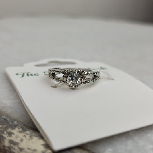 Silver-Tone Heart Crystal Ring