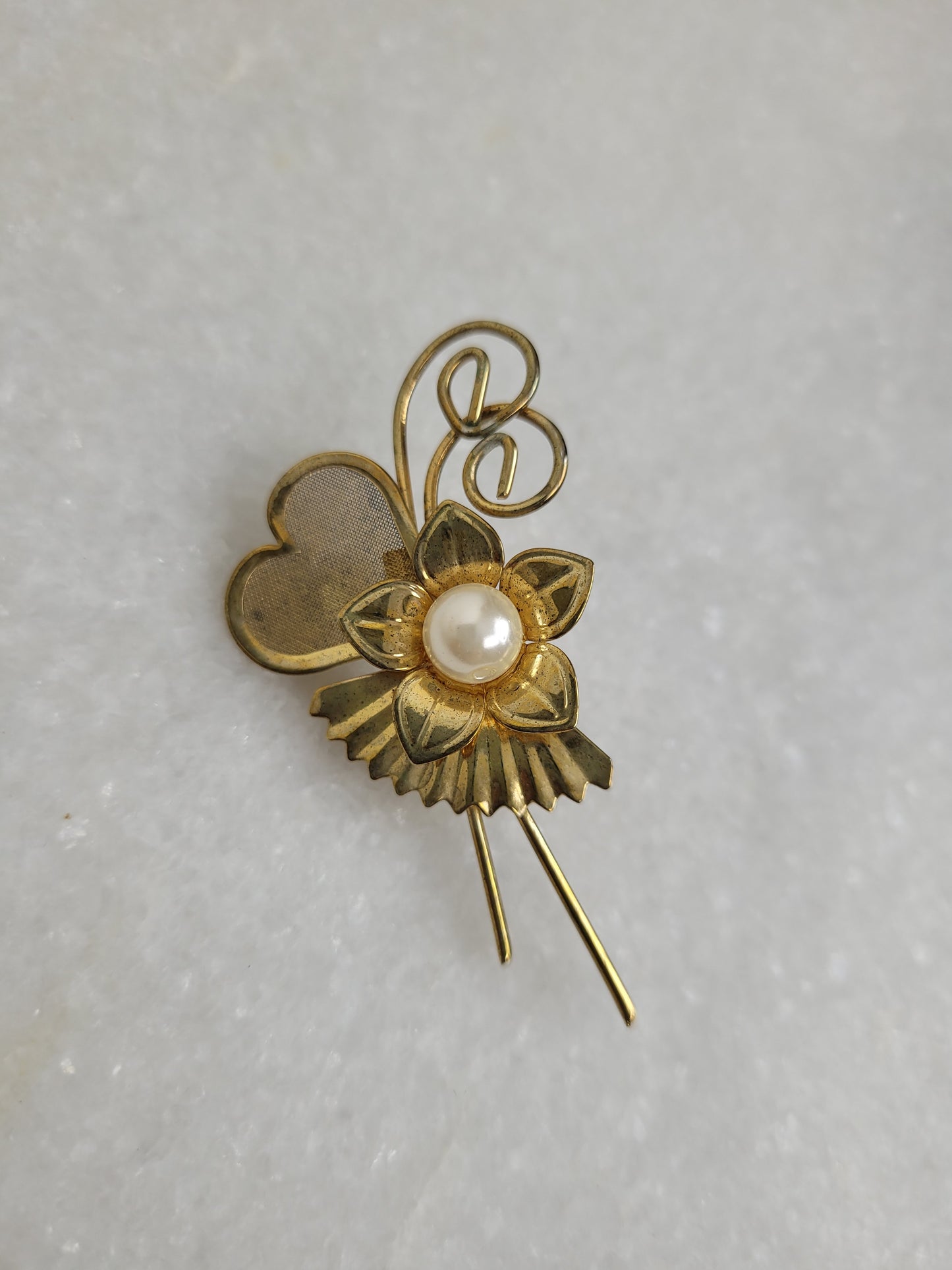 Gold Tone Faux Pearl Floral Spray Brooch
