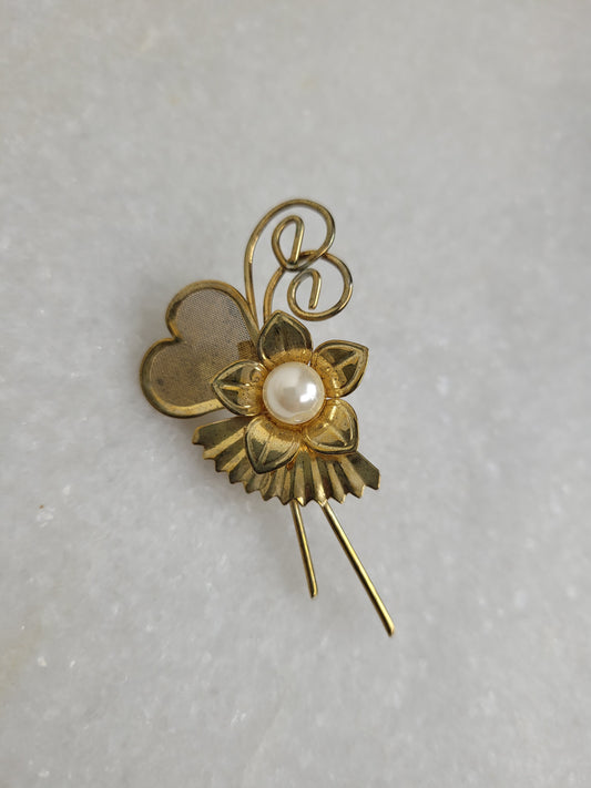 Gold Tone Faux Pearl Floral Spray Brooch