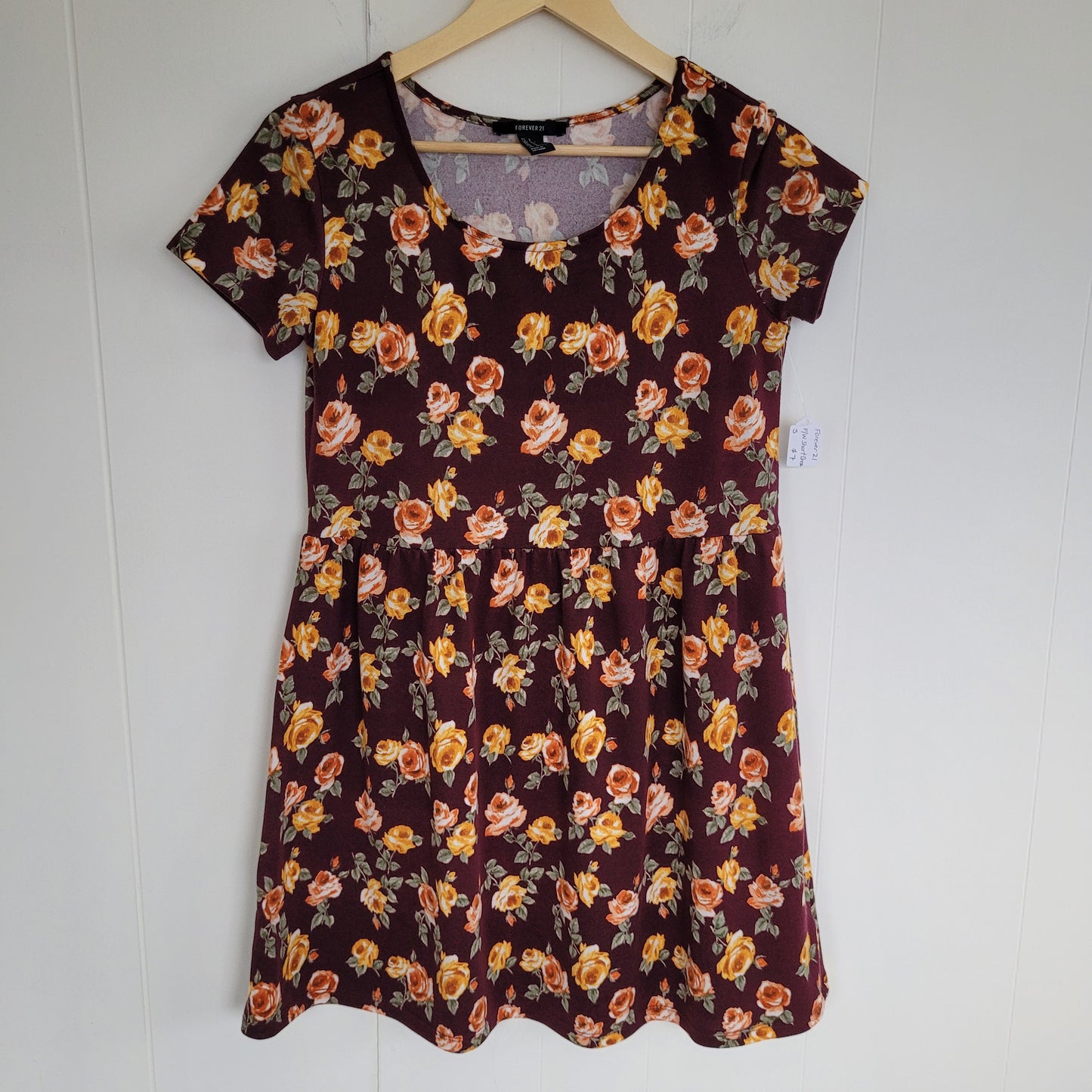 Burgundy Floral Fit & Flare Dress - Forever 21 (S)