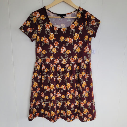 Burgundy Floral Fit & Flare Dress - Forever 21 (S)