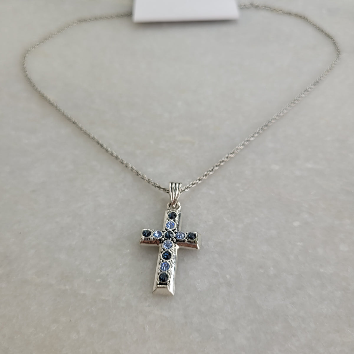 Silver-Tone Blue Rhinestone Cross Necklace