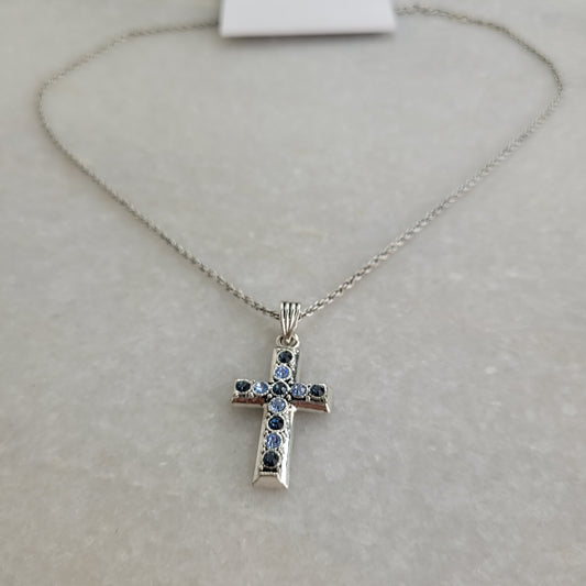 Silver-Tone Blue Rhinestone Cross Necklace