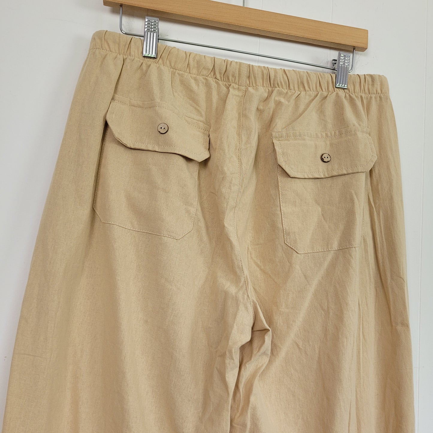 Beige Linen Look Wide Leg Drawstring Pants with Pockets - Large