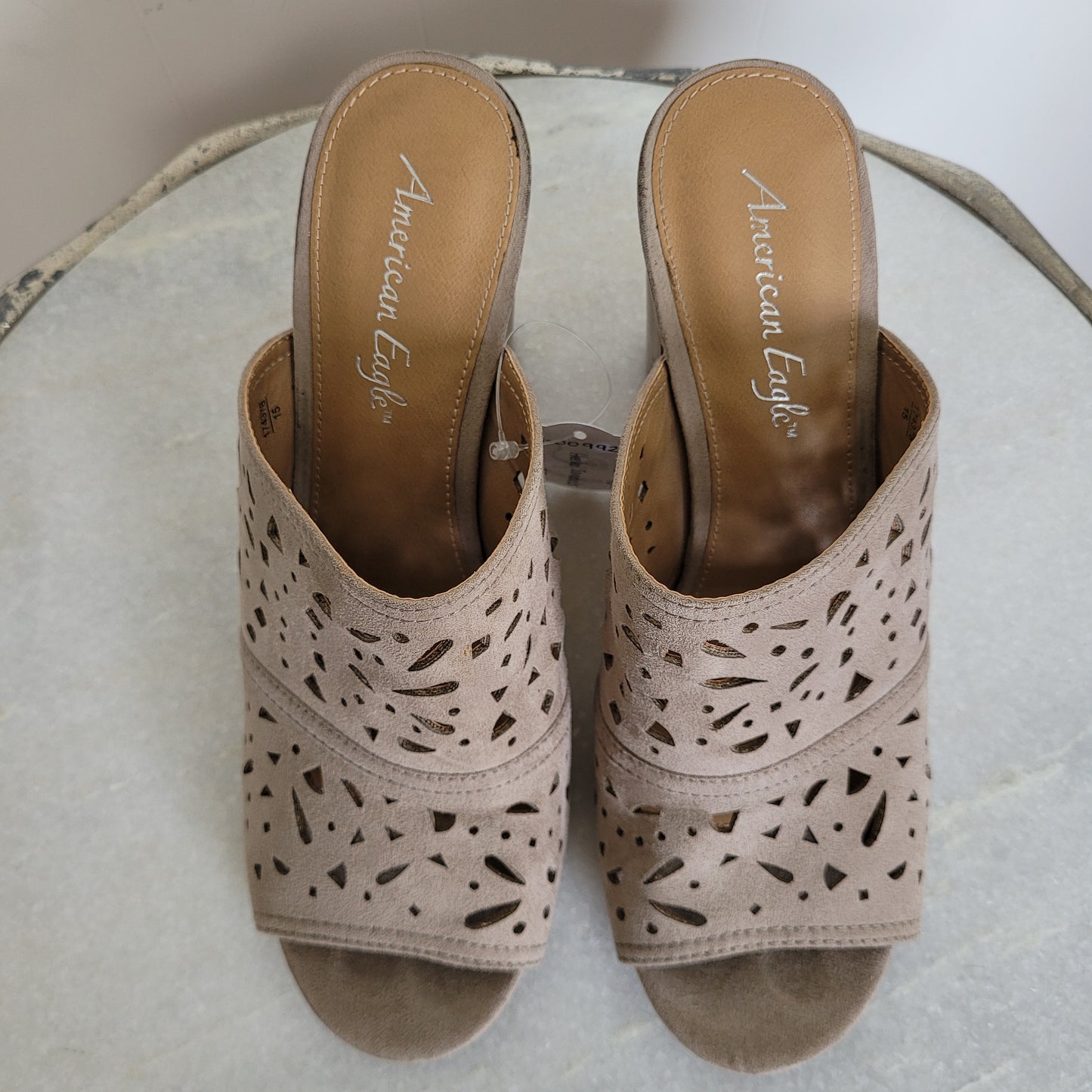 Taupe Laser Cut Block Heel Mule Sandals - American Eagle (Size 9)