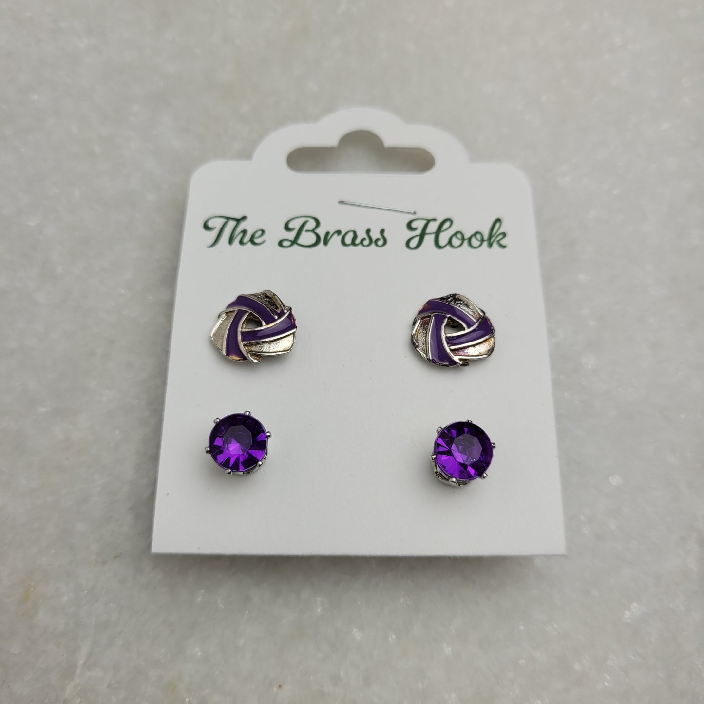 Purple Rhinestone & Enamel Stud Earring Set - 2 Pairs