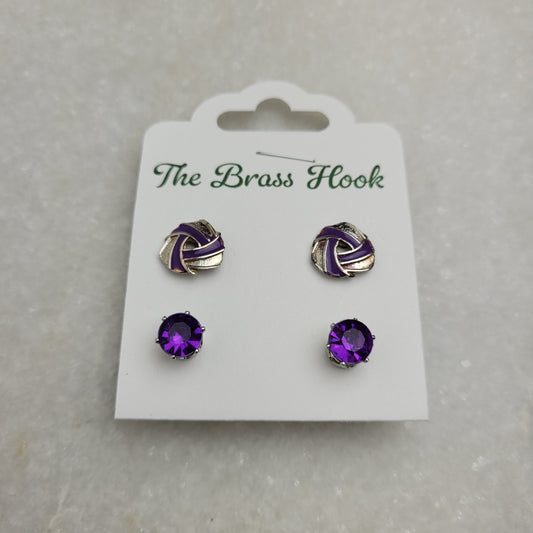 Purple Rhinestone & Enamel Stud Earring Set - 2 Pairs