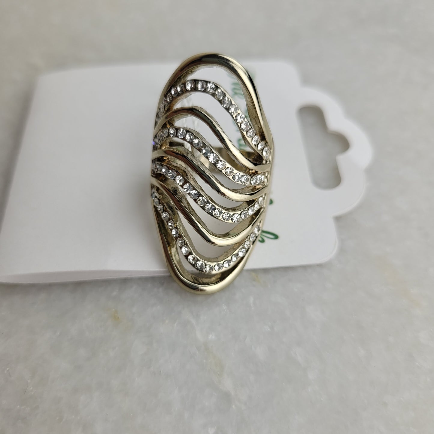 Gold Tone Openwork Rhinestone Statement Ring (Size 6.5–7)