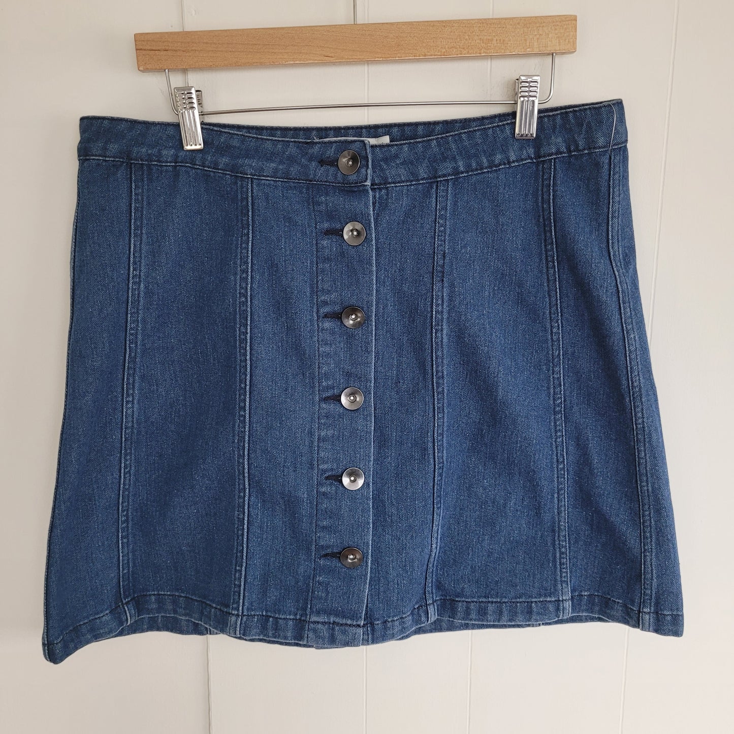 Denim Button Front Mini Skirt - High Waist Vintage Style - Cotone (Size 14)