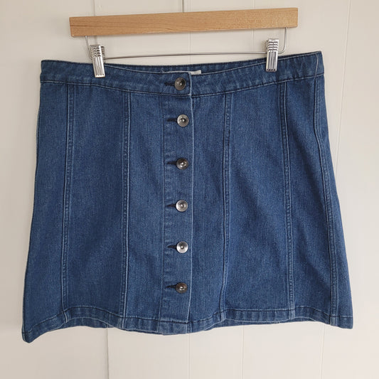 Denim Button Front Mini Skirt - High Waist Vintage Style - Cotone (Size 14)