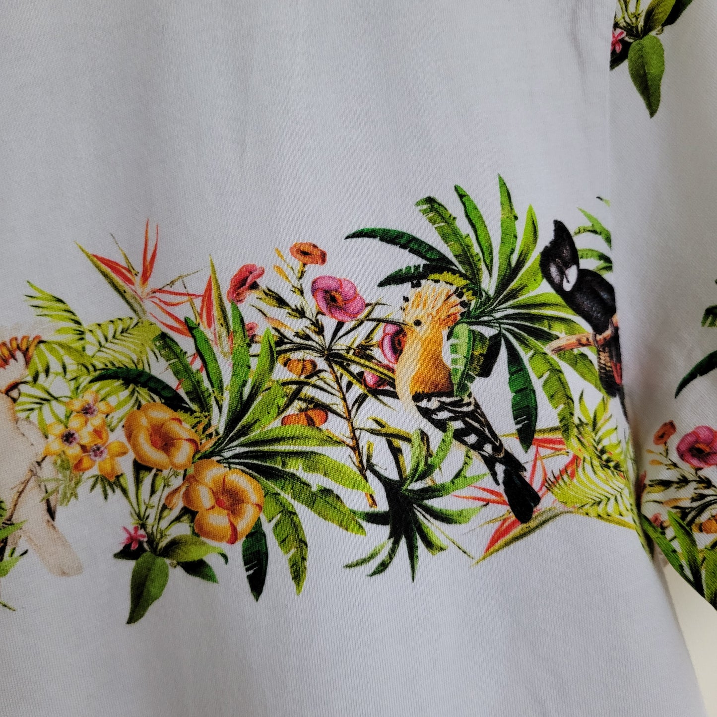 White Tropical Print T-Shirt -Birds & Florals - Zara (Small)