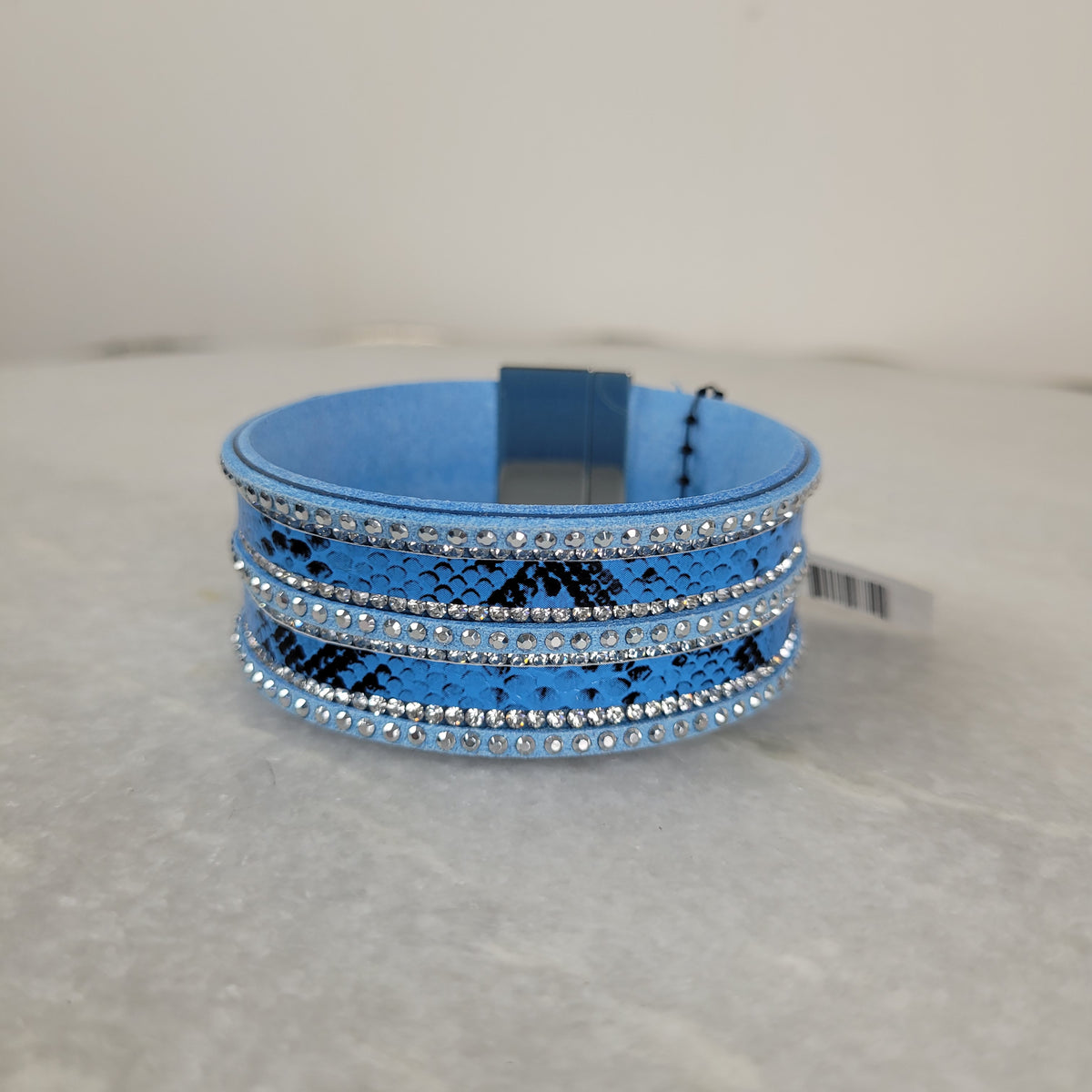 Blue Snake Print Rhinestone Wide Cuff Bracelet