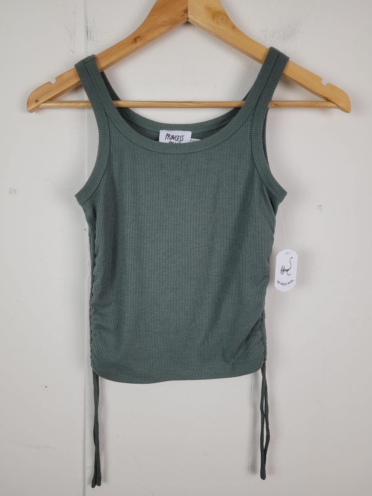 Princess Polly XS Sage Green Ruched Side Ribbed Tank Top